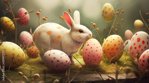 Fairy Easter bunny with painted eggs. Easter holiday concept with rabbit. Generative AI