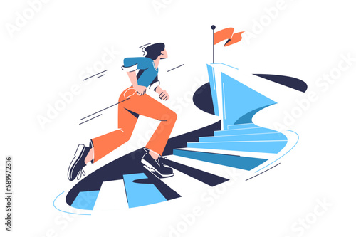 Woman running towards top on stairs to the goal