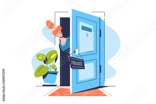 Privacy- woman looks out behind a door