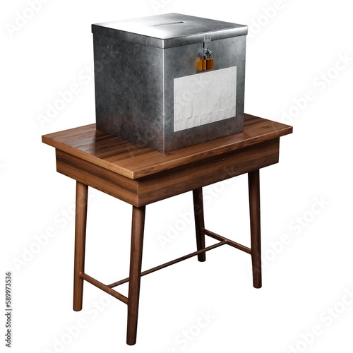 3D rendering illustration of a metal vote box with a blank white paper banner rests on a wooden table.