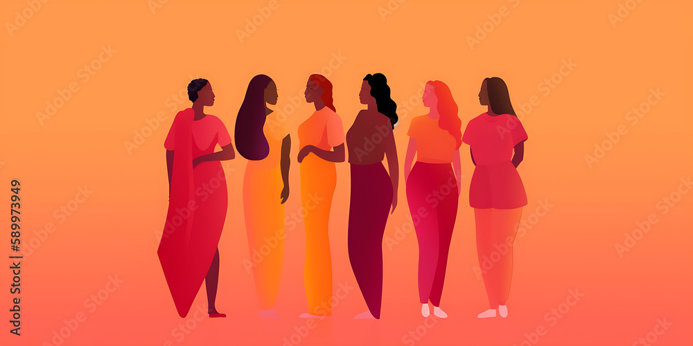 illustration of group of abstract young ladies. Women are standing, posing together. Female cartoon characters generative ai
