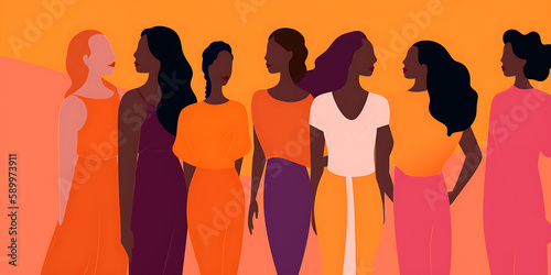 illustration of group of abstract young ladies. Women are standing  posing together. Female cartoon characters generative ai