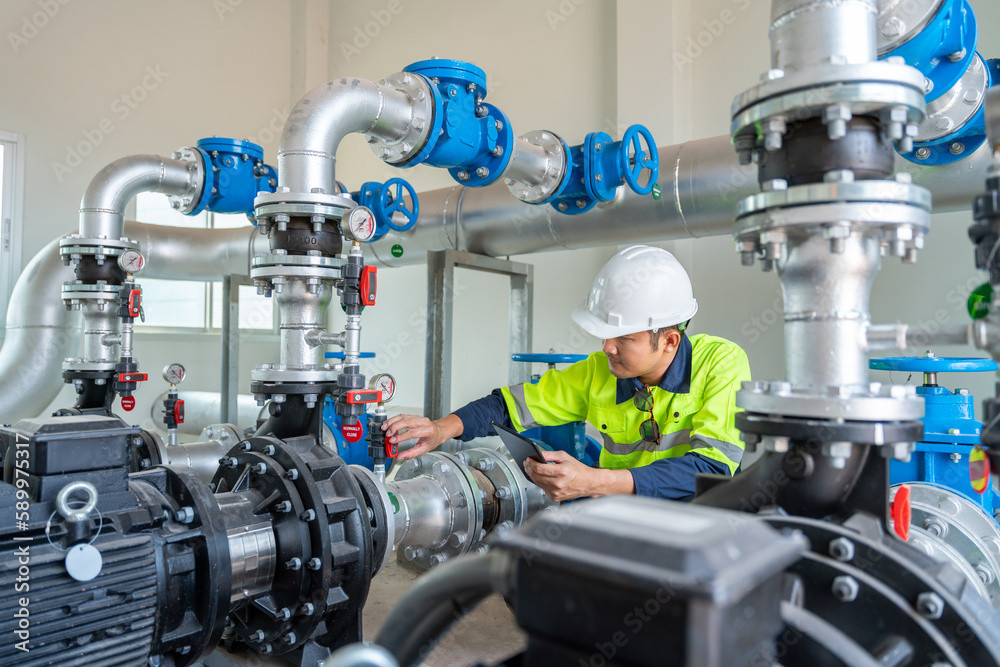 Asian engineer inspect water pump valve fittings in a substation for