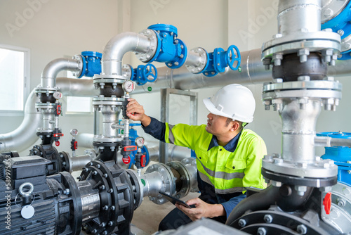 Quadro su tela A worker at a water supply station inspects water pump valves equipment in a substation for the distribution of clean water at a large industrial estate