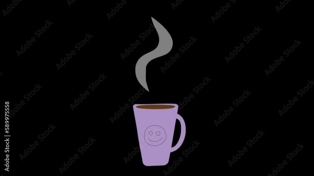 Seamlessly looped animation of a cup with hot drink, water vapor and smile icon on it. Animated illustration of freshly brewed coffee or tea in a mug on transparent background with alpha channel.