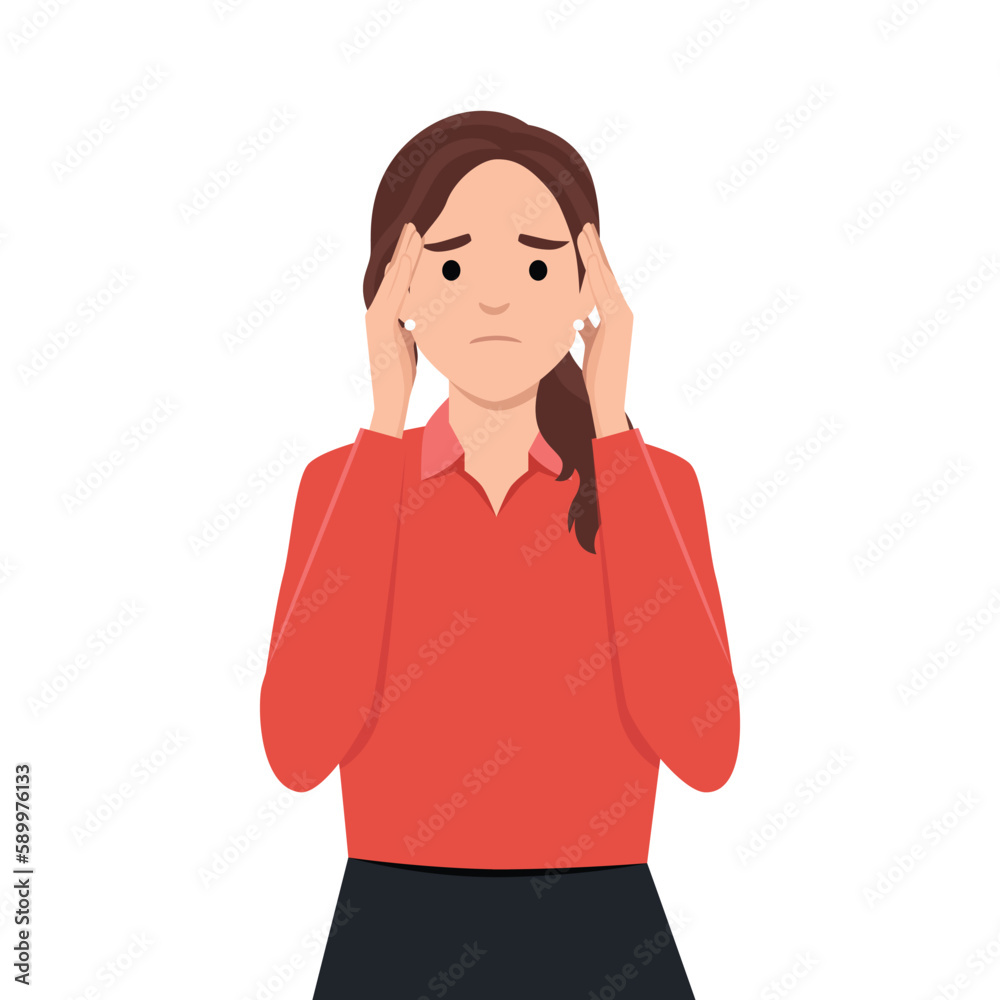 Stressed desperate frustrated young woman or girl covering head with hands. Negative emotions headache or migraine and bad news illustration. Stressed desperate frustrated young woman or girl covering head with hands. Negative emotions headache or migraine and bad news illustration.