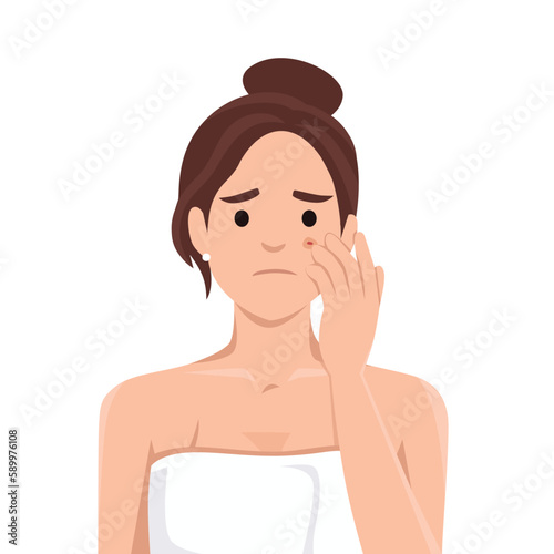 Health, care, examination, frustration concept. Young sad upset woman girl teenager cartoon character looking at mirror popping squeezing pimple at home