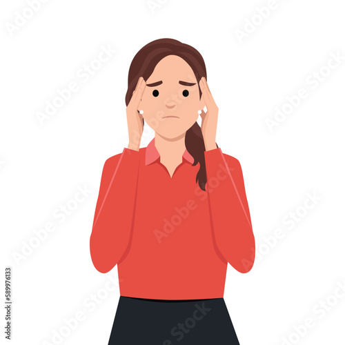 Stressed desperate frustrated young woman or girl covering head with hands. Negative emotions headache or migraine and bad news illustration.
