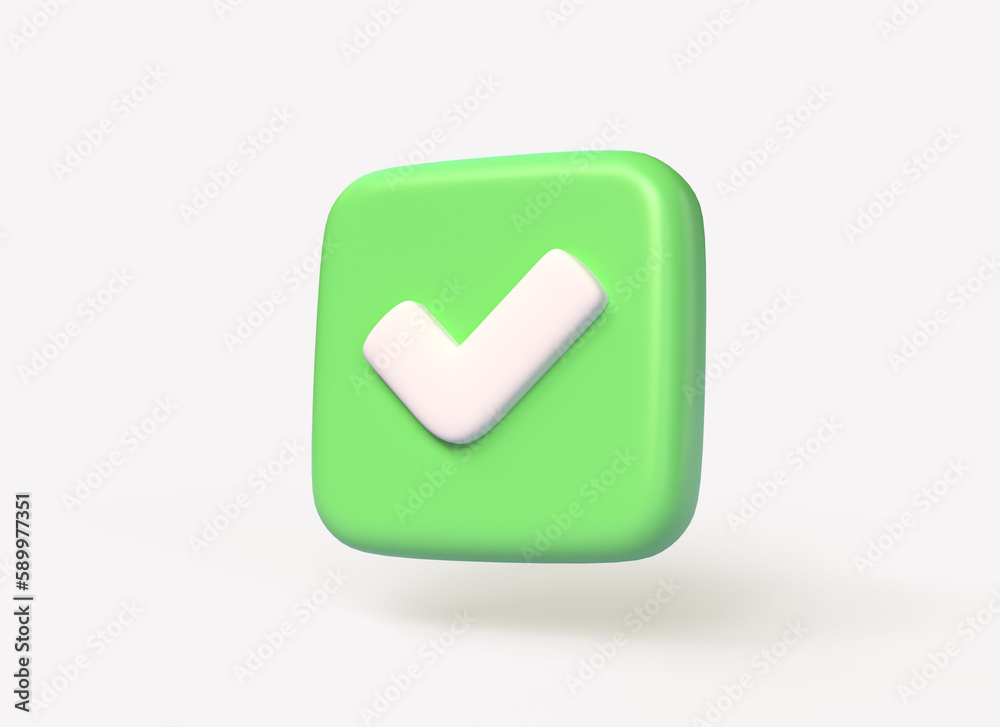 3d green tick icon isolated on white background. concept of approval or success. illustration in cartoon style. 3d rendering 3d green tick icon isolated on white background. concept of approval or success. illustration in cartoon style. 3d rendering