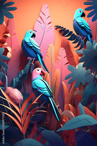 Parrot birds on tropical leaves in paper cut style, ai geneartive  photo