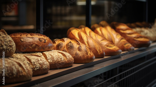 Delicious loaves of bread in a baker shop. Different types of bread loaves on bakery shelves. generative ai