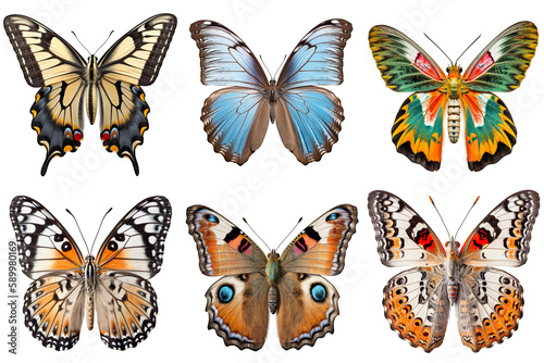 Assorted popular decorative butterflies isolated on white background. Blue Morpho, Madagascan Sunset, Painted Lady, Peacock, Eastern Tiger and other. Generated AI.