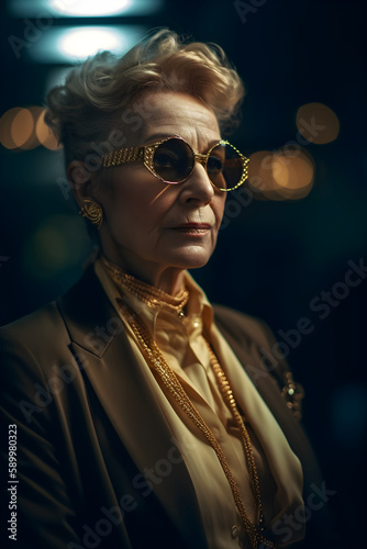 Luxury dressed middle-aged woman in golden sunglssses, ai generative photo