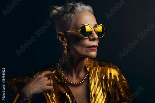 Luxury dressed middle-aged woman in golden sunglssses, ai generative photo