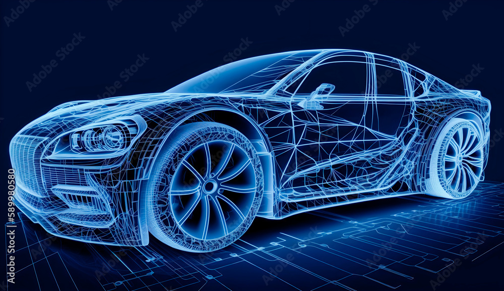 Naklejka premium Front Side view of futuristic ar car wireframe concept in blue theme, generative ai, Augmented reality car wireframe concept, Modern technology concept with wireframe intersection