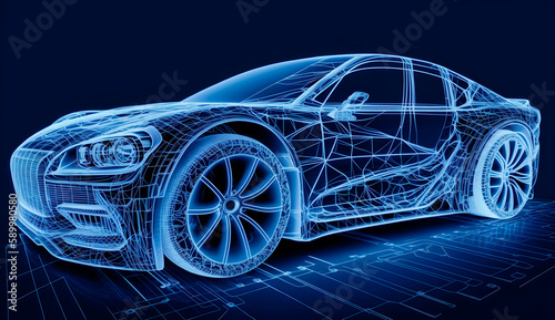 Front Side view of futuristic ar car wireframe concept in blue theme  generative ai  Augmented reality car wireframe concept  Modern technology concept with wireframe intersection