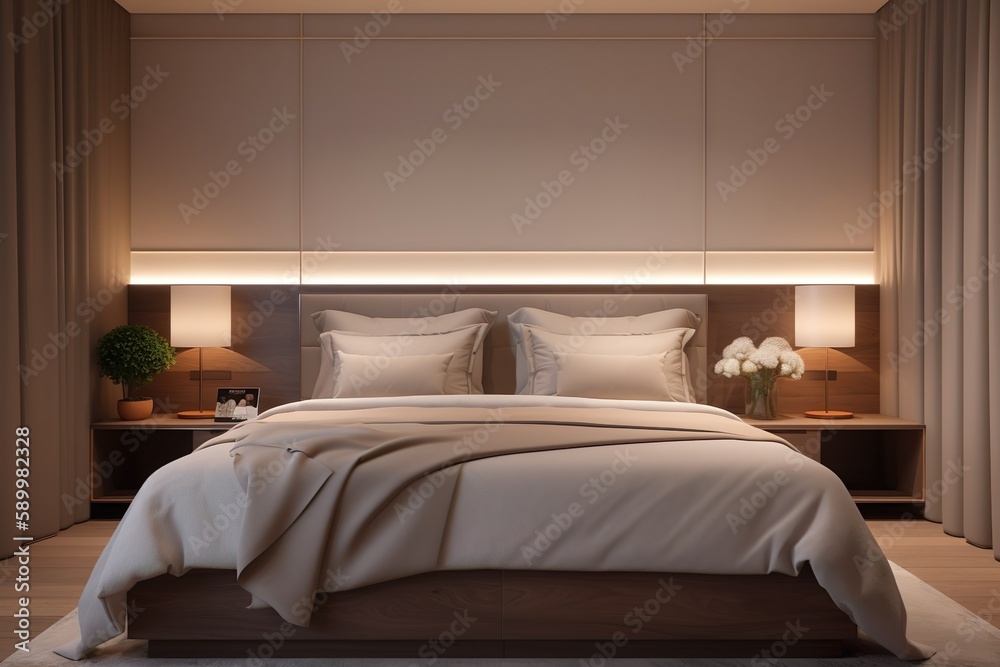 Dekoration eines Schlafzimmers, gemütlich, Bett, Stimmung, Licht, Lichtstimmung, Eholen, Ausruhen, 
 Träumen, generative AI - obrazy, fototapety, plakaty 