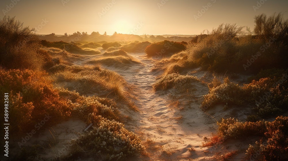 wunderschöner Sonnenuntergang in den Dünen auf dieser Erde, Skandinavien, Dänemark, generative AI