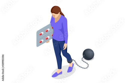 Isometric concept of dependence on pills, drugs, antidepressants. Healthcare and medical, addiction recovery. Concept for prescription drug abuse