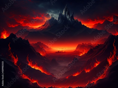 Underground hell landscape. Digital illustration of fantasy environment background in hell. Created with generative AI tools