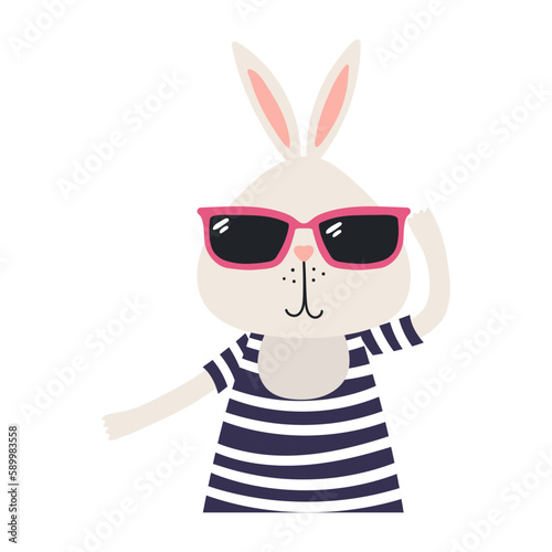 Cute rabbit wearing sunglasses and swimsuit cartoon character illustration. Hand drawn Scandinavian style flat design, isolated vector. Kids summer print element, animal on holidays, vacations, beach