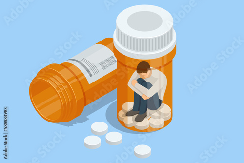 Isometric concept of dependence on pills, drugs, antidepressants. Healthcare and medical, addiction recovery. Concept for prescription drug abuse