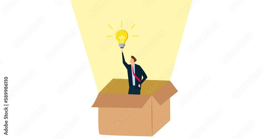4k animation of Think outside the box, smart businessman get out of paper box with new illumination lightbulb idea. 4k animation of Think outside the box, smart businessman get out of paper box with new illumination lightbulb idea.