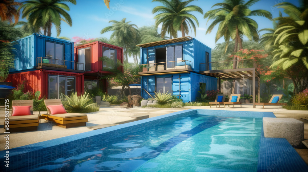 Modern Container Houses with a Pool and Tropical Palm Trees in an Exotic Location, Generative AI