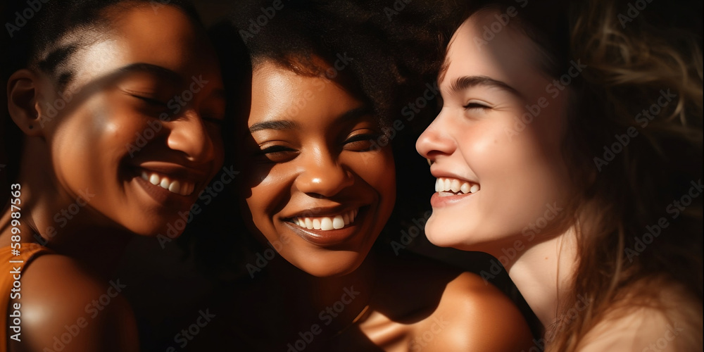 Group of three african and mix race women laughing, Youth Female university Students Working Together in Band : Power of Collaboration in Clubs, Sports Team. generative AI - obrazy, fototapety, plakaty 