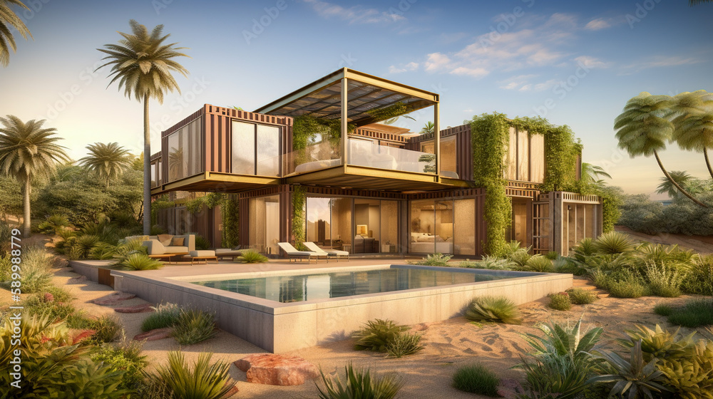 Modern Container House with a Pool and Exotic Palm Trees in a Luxurious Vacation Spot, Generative AI