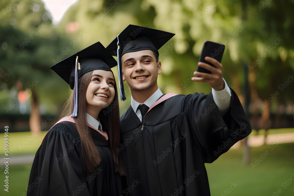 university graduates in graduation caps, boy and girl smiling and taking selfie, Generative AI 6
