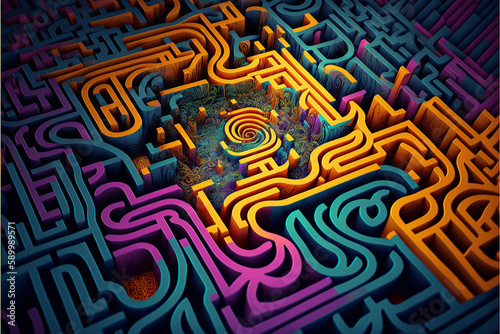 Abstract colorful maze labyrinth wallpaper, Generative AI photo