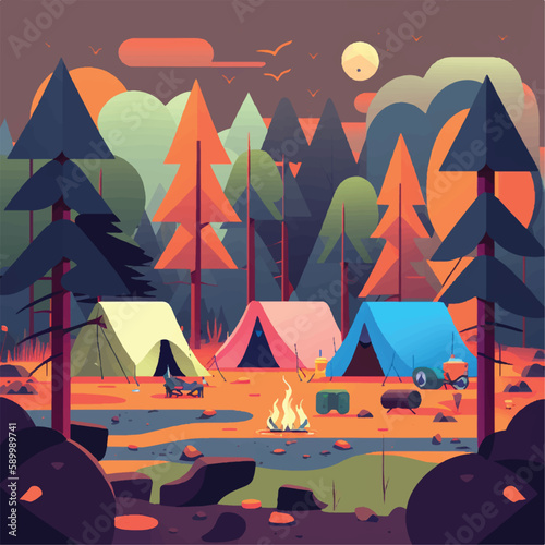 campsite view in forest with tent and campfire