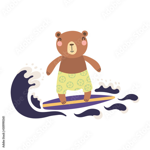 Cute bear surfing on a surfboard, waves cartoon character illustration. Hand drawn Scandinavian style flat design, isolated vector. Kids summer print element, animal on holidays, vacations, beach
