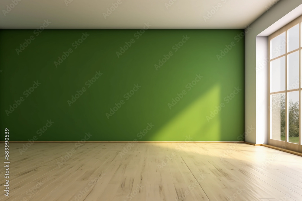 Large empty room with grass green wall and daylight. Minimalistic interior. Generative AI Large empty room with grass green wall and daylight. Minimalistic interior. Generative AI