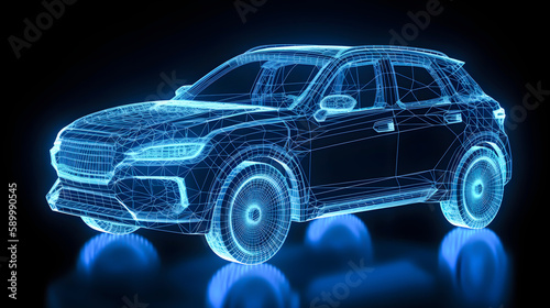 Modern SUV Car wireframe concept with intersection points, side view of SUV car in augmented reality style against blue background, generative ai