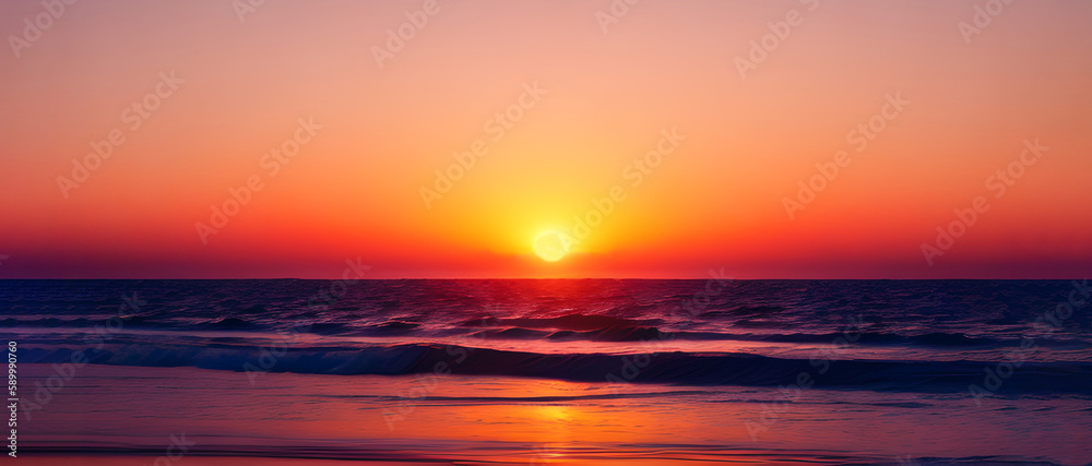 panorama sea sunset with sun. generative ai