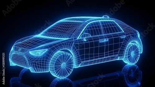 Futuristic AR holograph car wireframe concept, generative ai, car prototype in blue theme