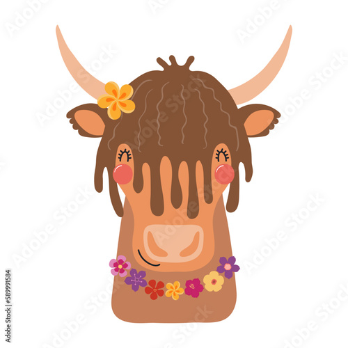 Cute yak in a tropical flower necklace cartoon character illustration. Hand drawn Scandinavian style flat design, isolated vector. Kids summer print element, animal on holidays, vacations, beach