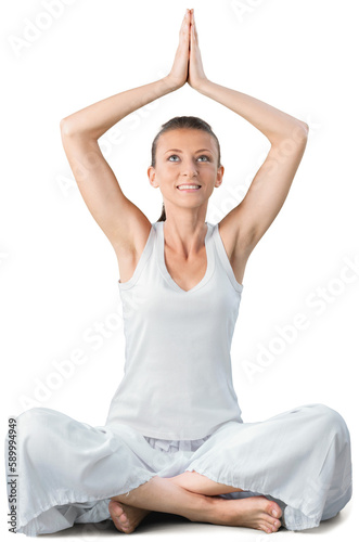 Young beautiful woman doing yoga  on white