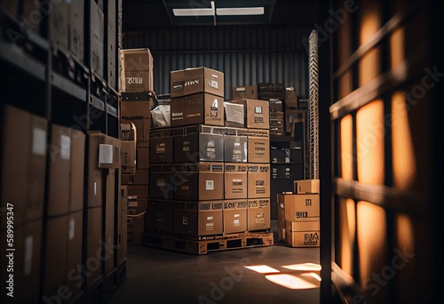 Rentable storage in an industrial building with cardboard boxes on pallets. Generative AI