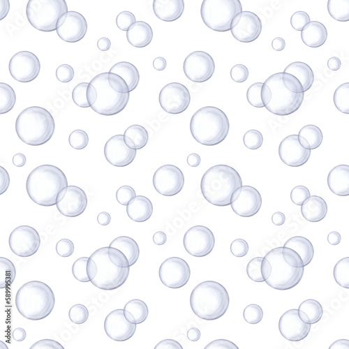 Seamless pattern. Transparent ball  bubble. Glass crystal sphere. Hand-drawn watercolor illustration isolated on white background. Design element