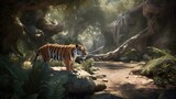 The spacious and immersive tiger enclosure, featuring natural landscapes and stimulating elements. Generated by AI.