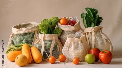Zero waste concept. Eco bags with fruits and vegetables