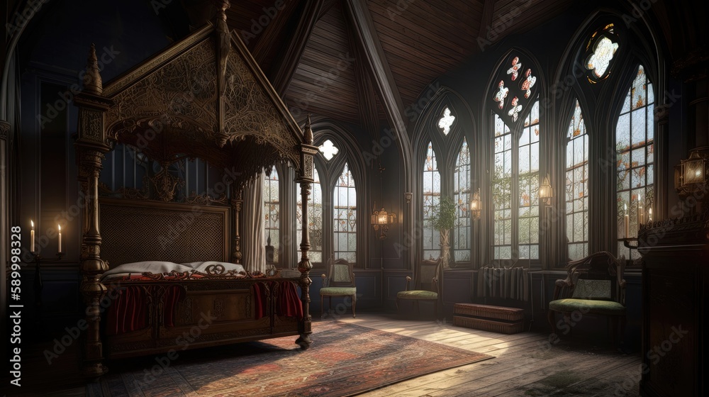 Gothic Revival bedroom features a dramatic canopy bed and ornate, dark wood furniture. Generated by AI.