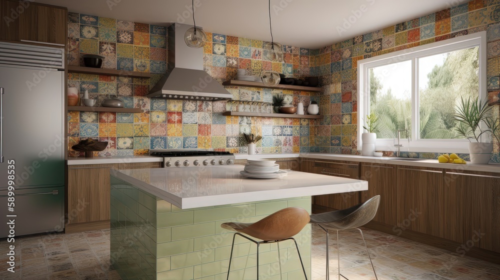 This Mid-century Modern kitchen features a striking blend of vintage and contemporary elements. Generated by AI. This Mid-century Modern kitchen features a striking blend of vintage and contemporary elements. Generated by AI.