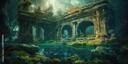 Underwater scene whit an old ancient temple - generative ai