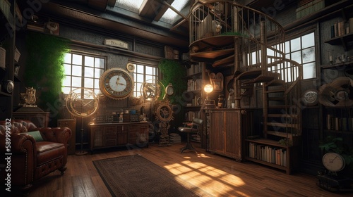 Step into a world of wonder and creativity with a Steampunk home library, where vintage and industrial aesthetics blend seamlessly. Generated by AI.