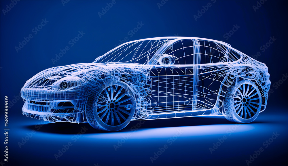 Naklejka premium Side view of futuristic ar car wireframe concept in blue theme, Augmented reality car wireframe concept, Modern technology concept with wireframe intersection, generative ai