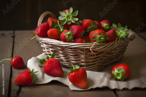 Fresh ripe strawberries in vintage basket on wooden background, generative AI.